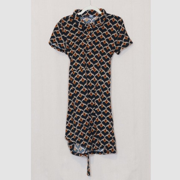 90's vintage style patterned collared short sleeve midi dress - Picture 1 of 3